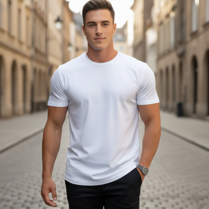 Men's basic slim fit t-shirt, crew neck and short sleeves, an essential for spring fashion.