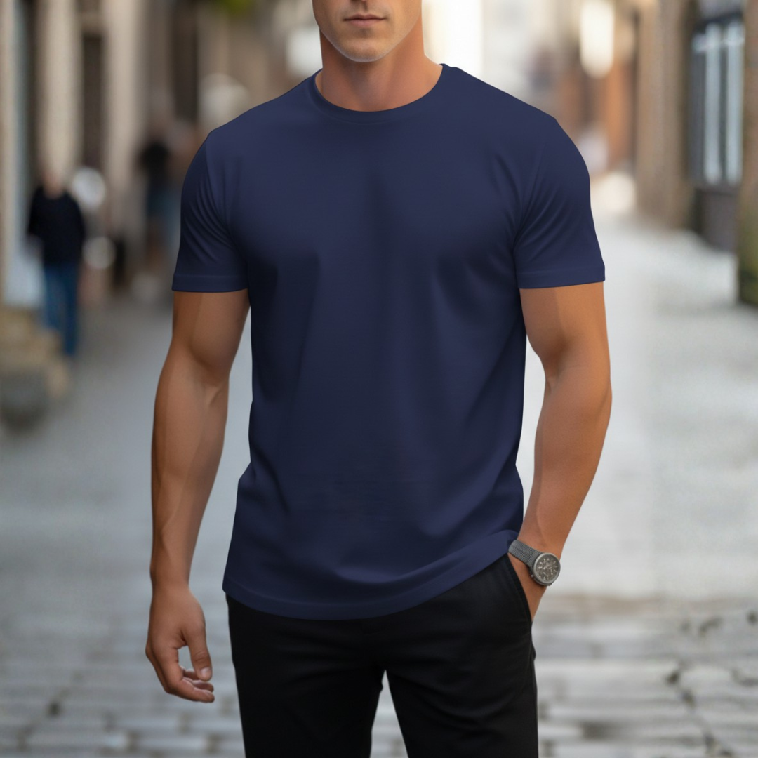 Simple men's slim fit crew neck tee, short sleeve design for timeless casual style.