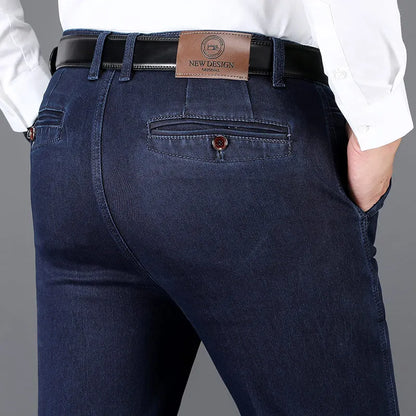 Men's slim fit denim trousers in blue, featuring stretch fabric for comfort and versatile style.