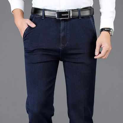 Full-length shot of versatile men's slim fit denim trousers with stretch, ideal for modern casual fashion.