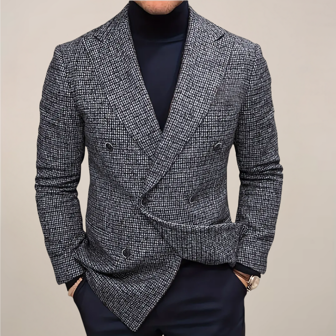 Men's slim fit double-breasted check blazer. Tailored smart casual jacket for business events & sophisticated style.