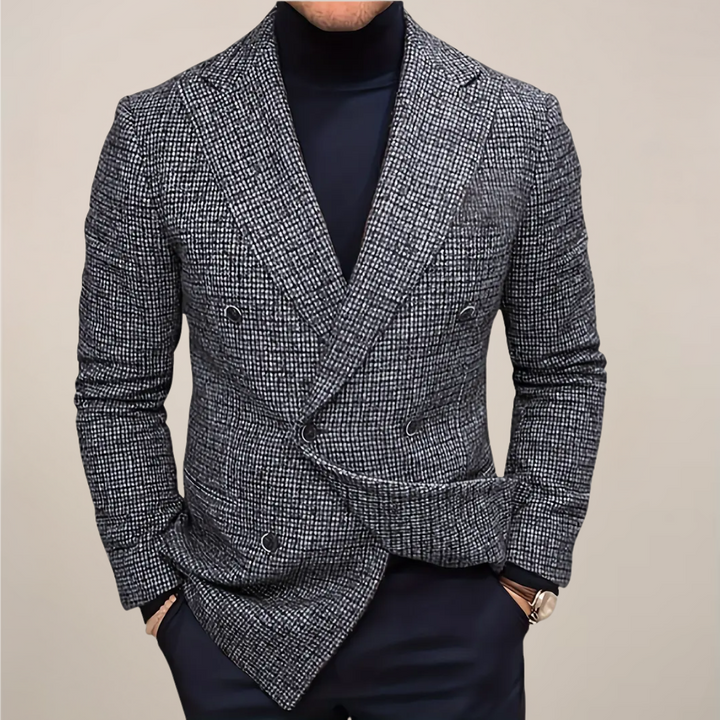 Men's slim fit double-breasted check blazer. Tailored smart casual jacket for business events & sophisticated style.