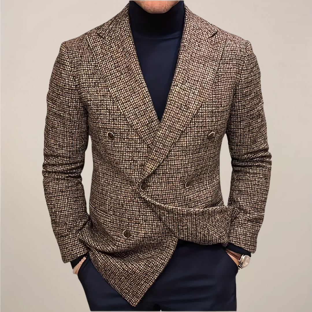 Men's slim fit check blazer, versatile for spring & fall. Tailored double-breasted jacket for smart events & business.