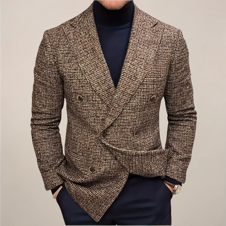 Men's slim fit check blazer, versatile for spring & fall. Tailored double-breasted jacket for smart events & business.