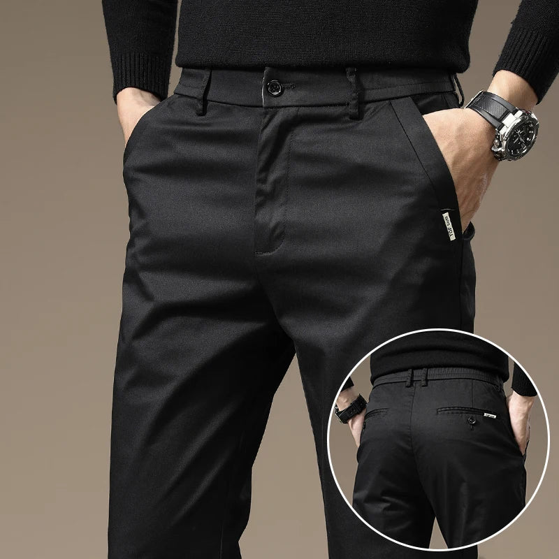 Slim fit men's casual pants, modern silhouette, wrinkle-free comfort for versatile all-day wear.
