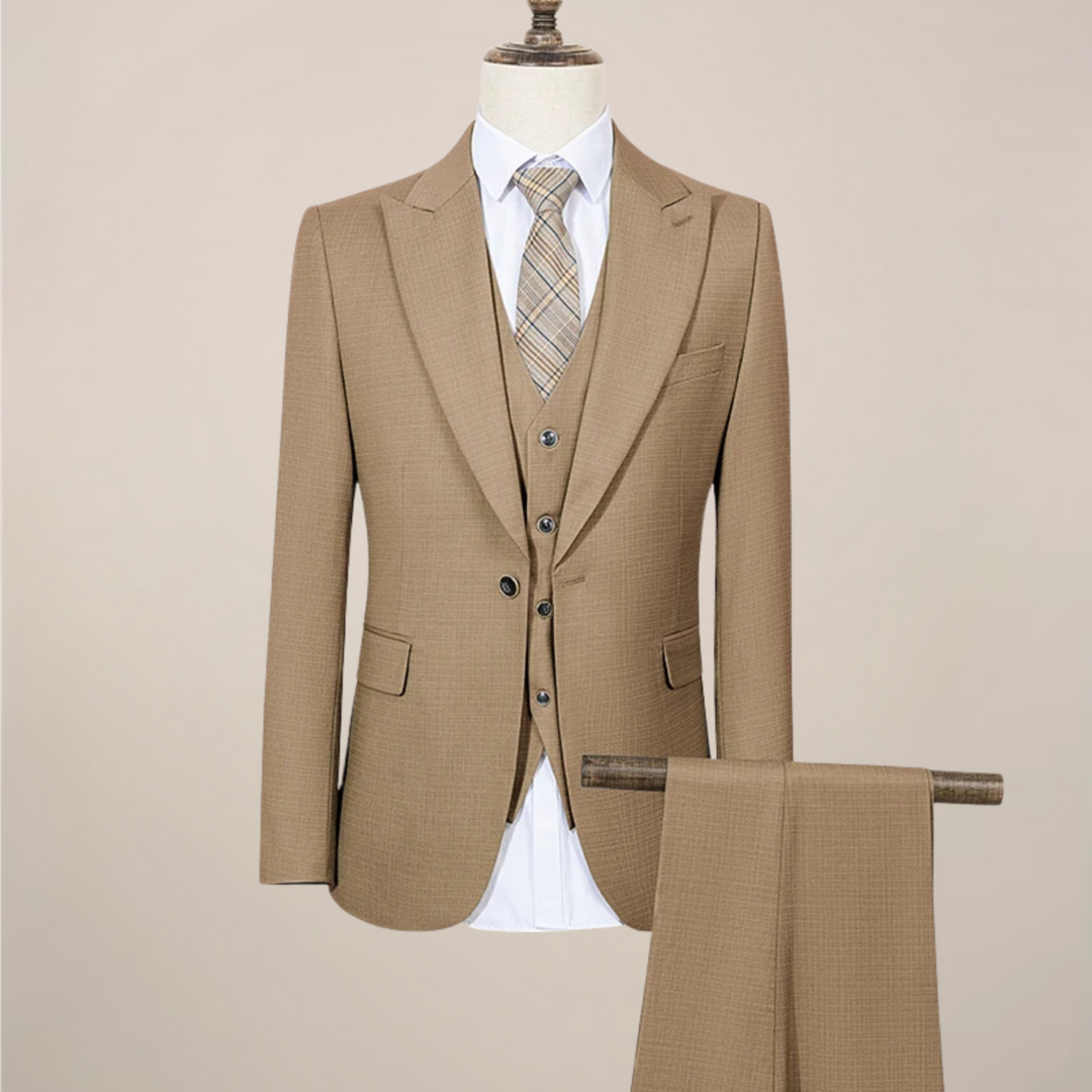 Gentlemen's fashion: Slim fit green three-piece suit. Perfect summer formal wear for weddings & stylish events.