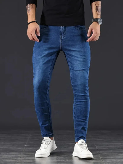 Men's slim fit jeans, ultimate comfort & modern style for everyday wear. Flexible dark blue casual pants.