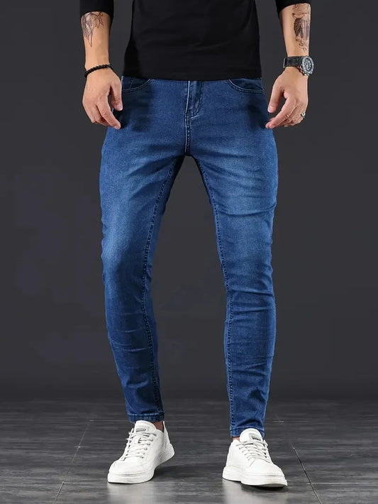 Men's slim fit jeans, ultimate comfort & modern style for everyday wear. Flexible dark blue casual pants.