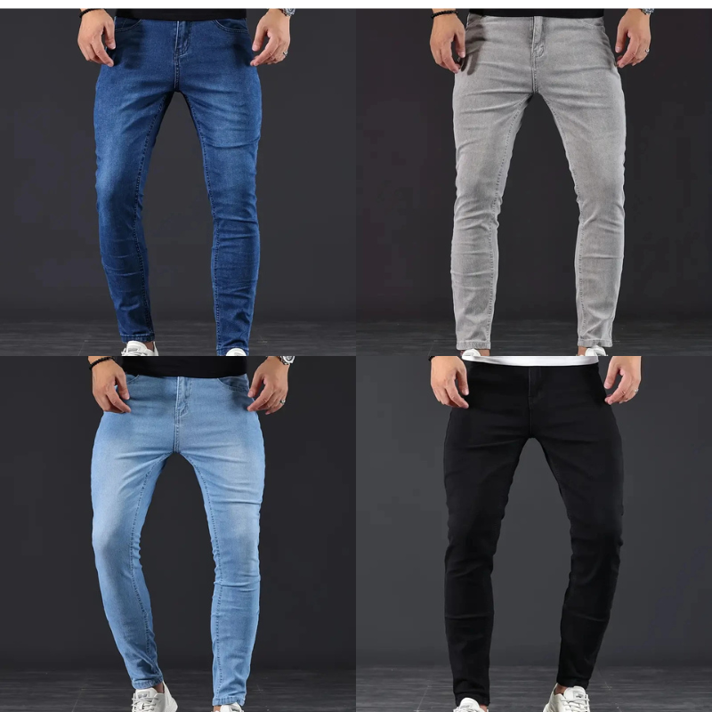 Flexible dark wash men's slim fit jeans, modern casual pants designed for ultimate comfort & everyday style.