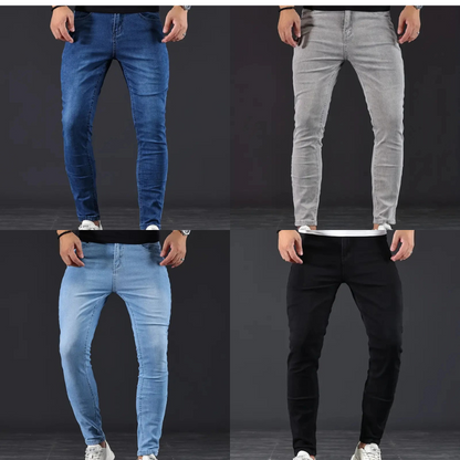 Flexible dark wash men's slim fit jeans, modern casual pants designed for ultimate comfort & everyday style.