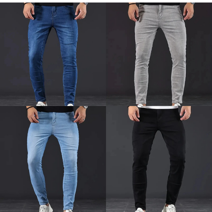 Flexible dark wash men's slim fit jeans, modern casual pants designed for ultimate comfort & everyday style.