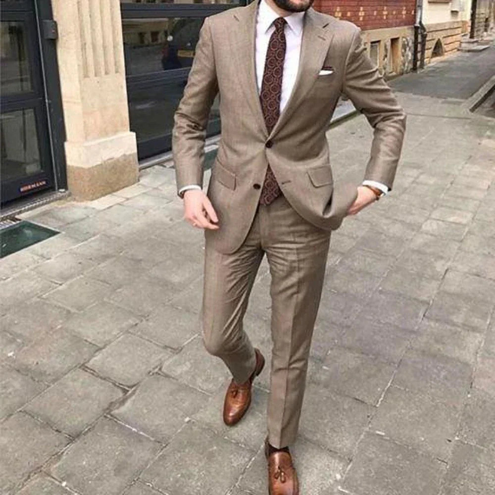 Men's slim fit khaki 2-piece suit, ideal for summer events, business casual, or wedding attire.