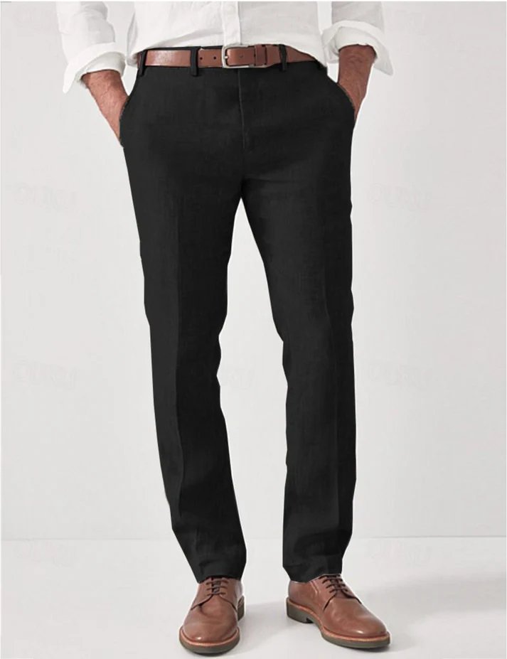 Lightweight men's tailored linen pants. Slim fit dress trousers ideal for summer comfort & modern style.