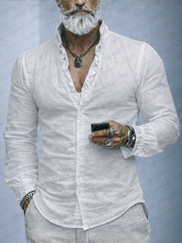 Men's slim fit long sleeve button-up shirt with stylish ruffled neck, perfect for casual or modern workwear.