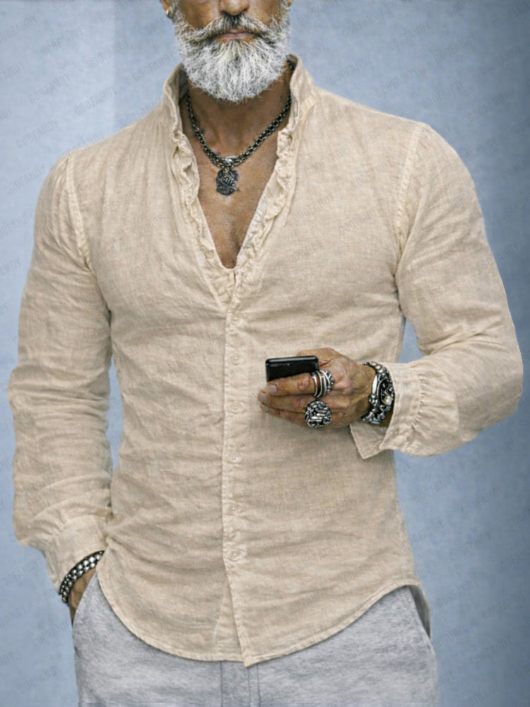 Stylish men's ruffled neck casual shirt, slim fit and long sleeve, ideal for versatile daily wear & fashion.
