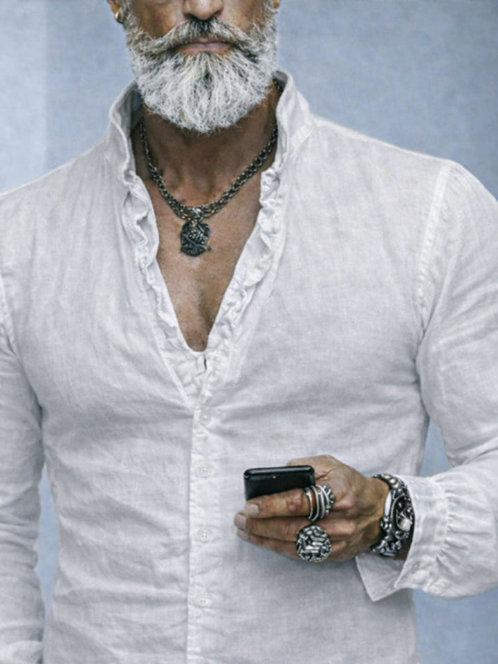 Modern men's slim fit long sleeve button-up shirt featuring unique ruffled neck for a stylish casual look.