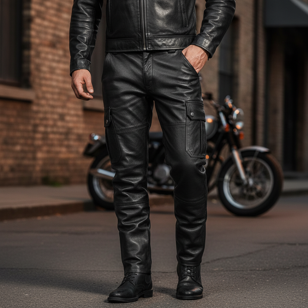 Men's slim-fit motorcycle style trousers in black, perfect for urban fashion & rock style outfits.