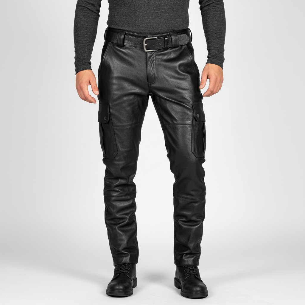 Stylish men's slim-fit trousers with motorcycle design, ideal for an edgy urban fashion statement.