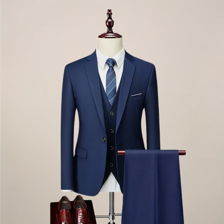 Men's slim fit navy three-piece suit, ideal for weddings, business, and formal events.