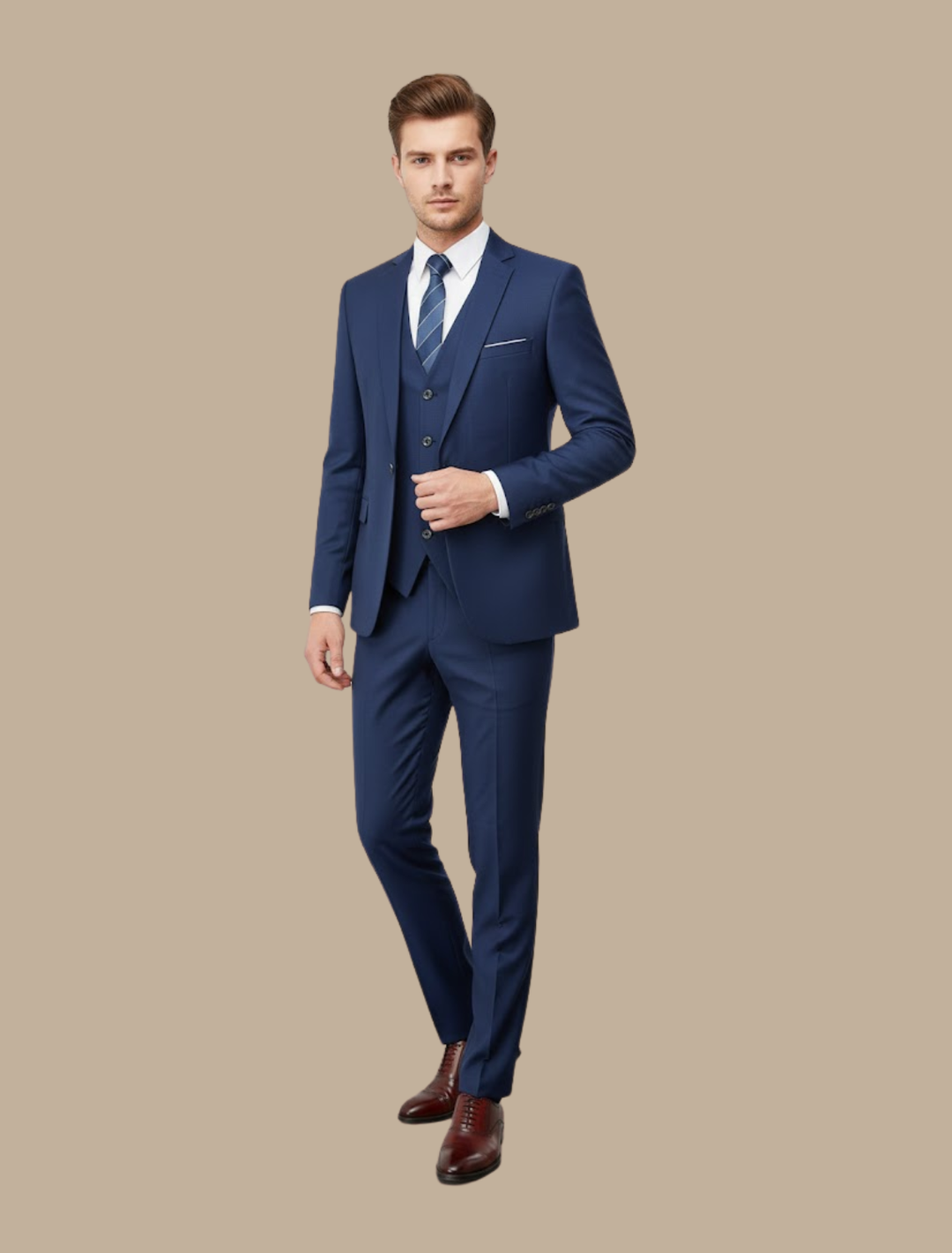 Elegant navy slim fit three-piece suit for men, perfect formal wear for special occasions.