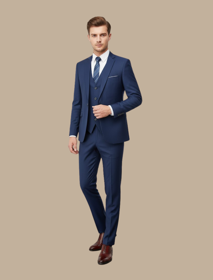 Elegant navy slim fit three-piece suit for men, perfect formal wear for special occasions.