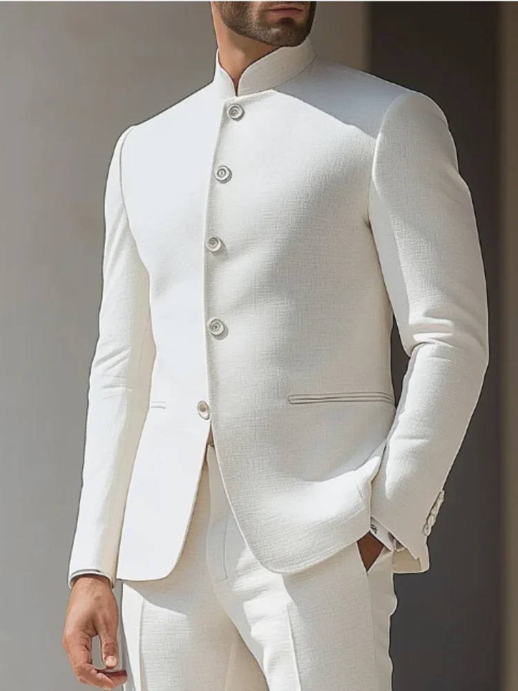 Men's slim-fit Nehru suit jacket with band collar, perfect for formal events, weddings, and evening wear.