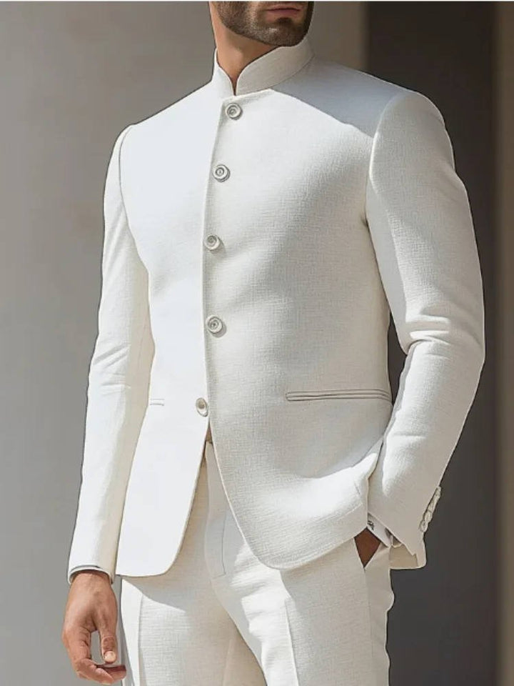 Men's slim-fit Nehru suit jacket with band collar, perfect for formal events, weddings, and evening wear.
