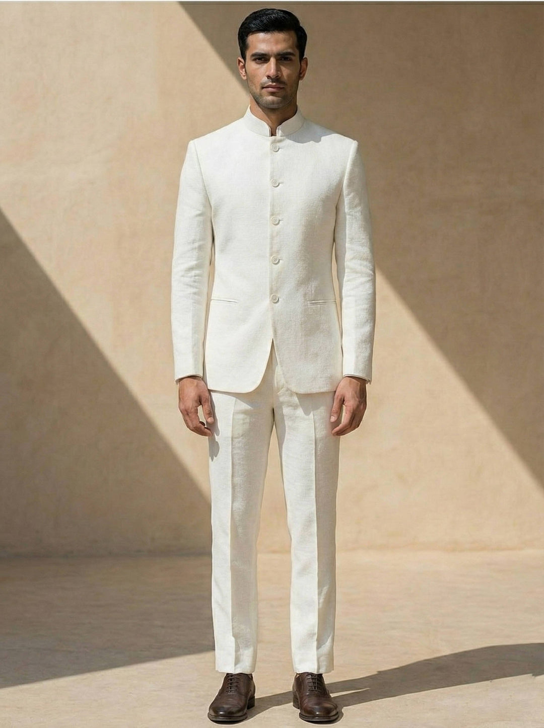 Stylish men's Nehru collar suit jacket, ideal for weddings, formal parties, and elegant evening fashion.