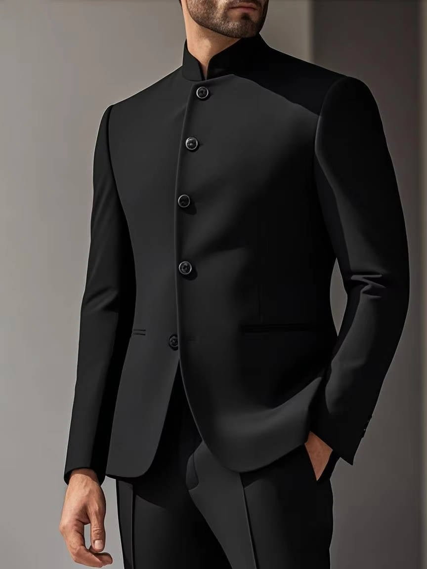 Modern men's band collar Nehru jacket, slim fit design, suitable for formal outfits and special occasions.