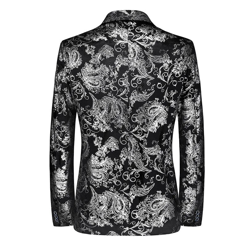 Stylish men's patterned slim-fit blazer for party, evening, or smart casual occasions. Fashionable menswear.