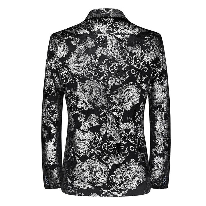 Stylish men's patterned slim-fit blazer for party, evening, or smart casual occasions. Fashionable menswear.