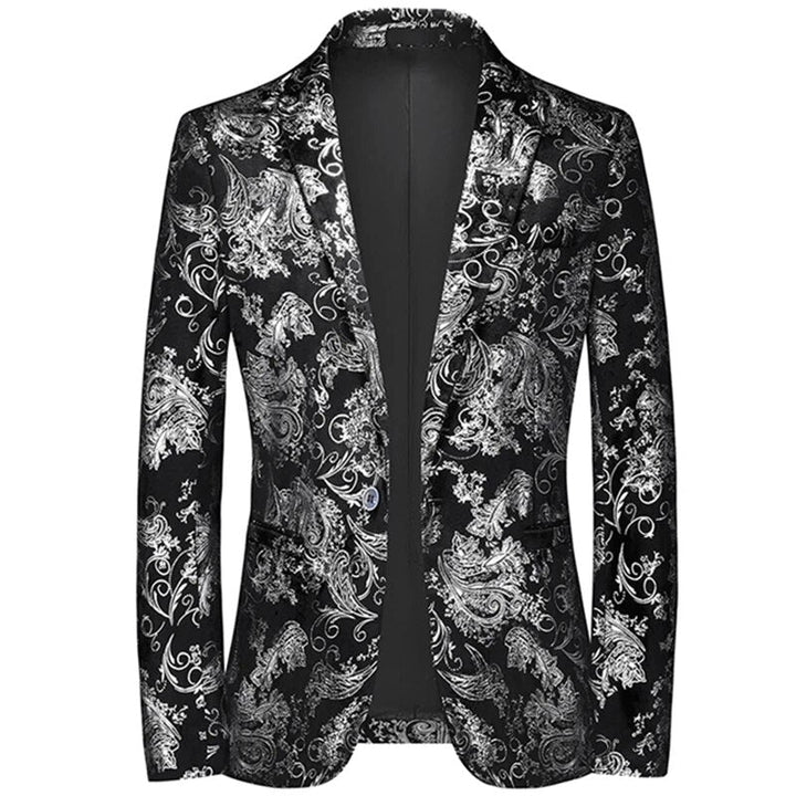 Modern men's slim-fit patterned blazer, a stylish statement piece for formal and casual events. Must-have menswear.