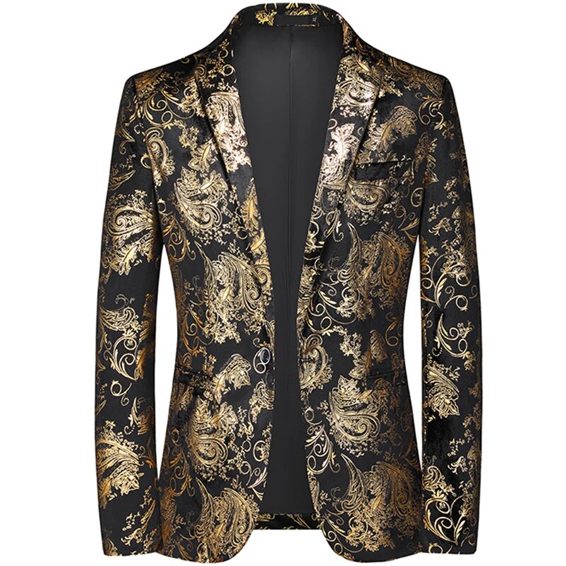 Slim-fit men's patterned blazer, versatile for business meetings, parties & evening wear. Stylish modern fashion.