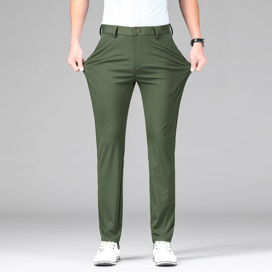 Men's slim fit performance dress trousers, perfect for work & casual wear. Stretch, moisture-wicking.