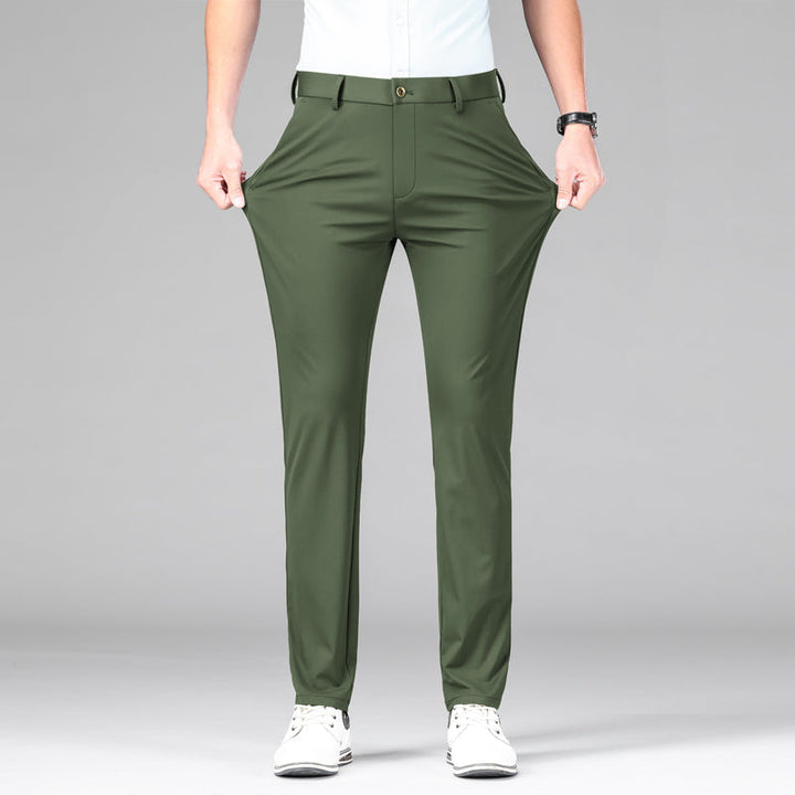 Men's slim fit performance dress trousers, perfect for work & casual wear. Stretch, moisture-wicking.