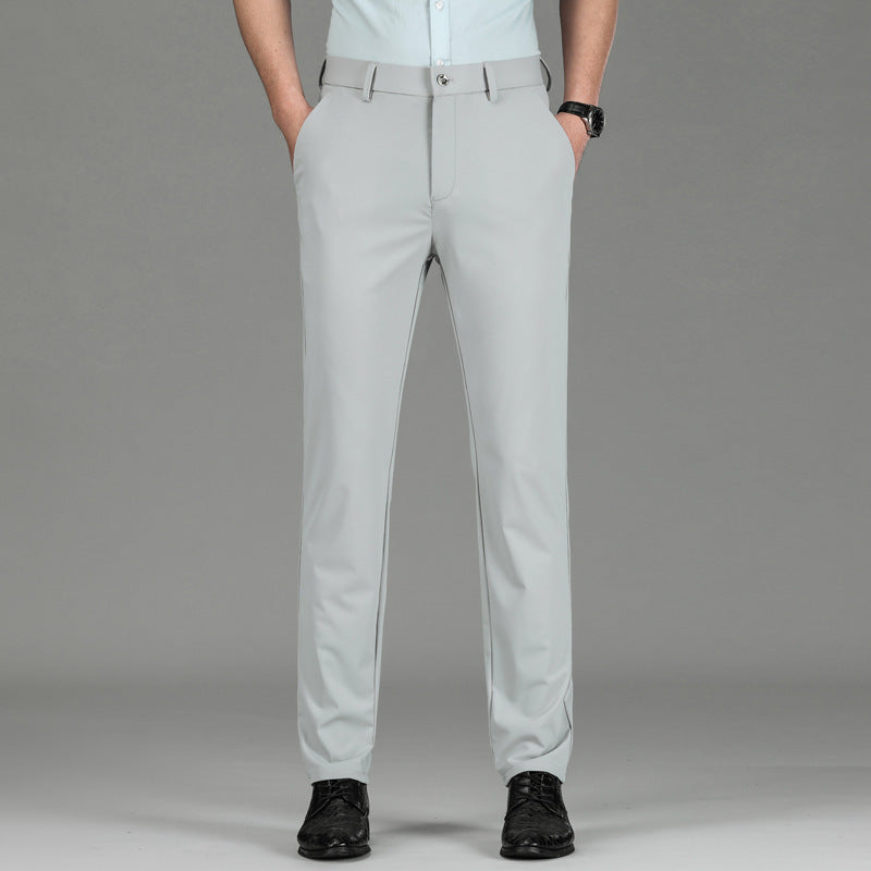 Sleek army green men's slim fit trousers. Performance fabric with moisture-wicking and stretch benefits.
