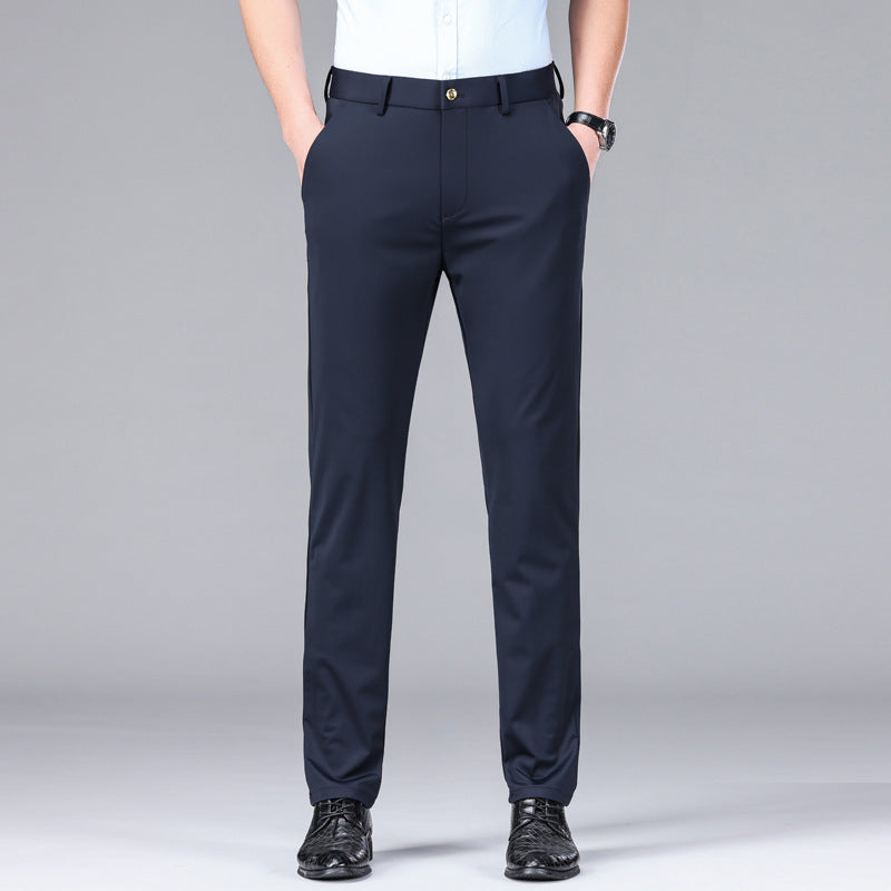 Group of men's slim fit performance dress trousers: khaki, navy, black, gray, army green.