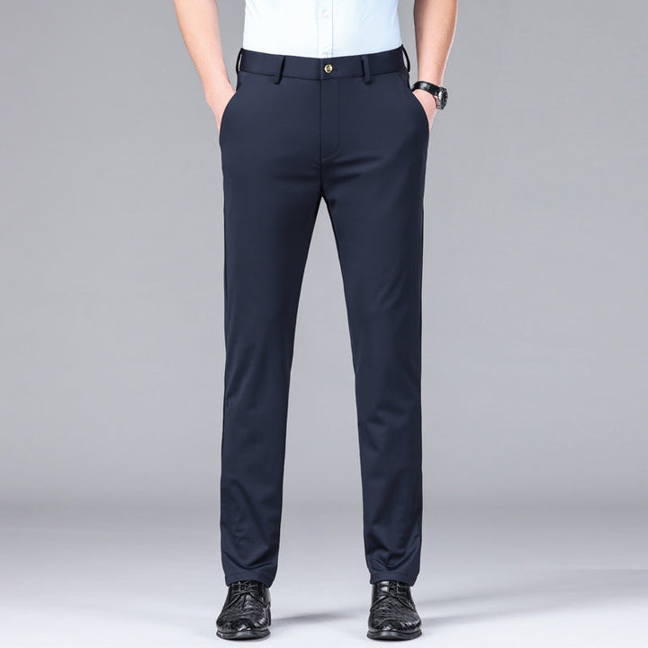 Group of men's slim fit performance dress trousers: khaki, navy, black, gray, army green.