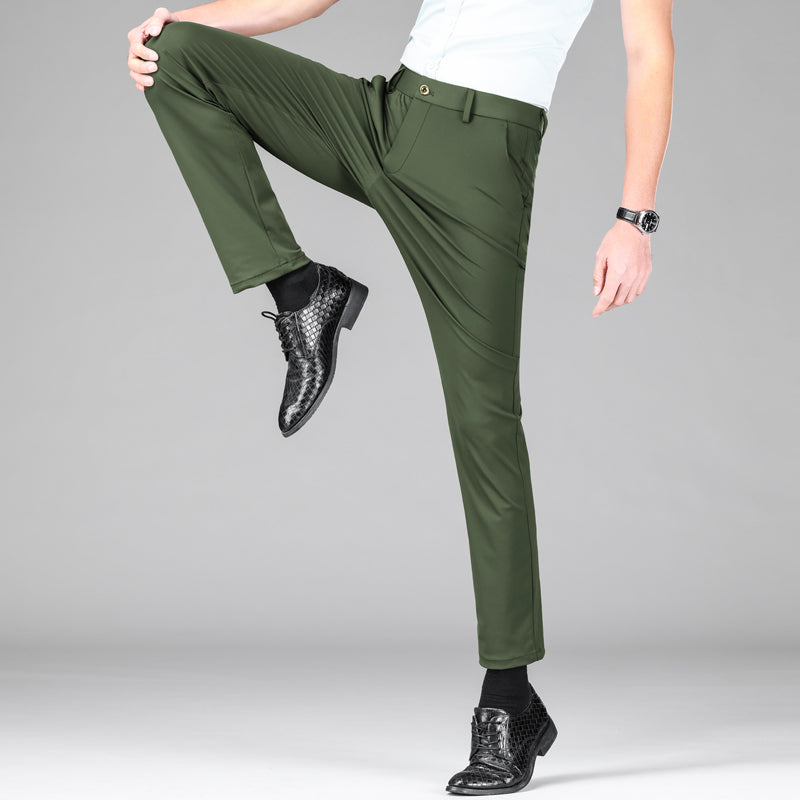 Black men's slim fit performance trousers. Moisture-wicking & breathable work pants for daily comfort.