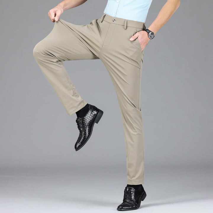 Comfortable men's slim fit dress trousers with ultimate stretch, moisture-wicking, & breathable tech.
