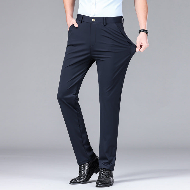Travel-friendly men's slim fit trousers. Lightweight, stretch, moisture-wicking navy pants for comfort.