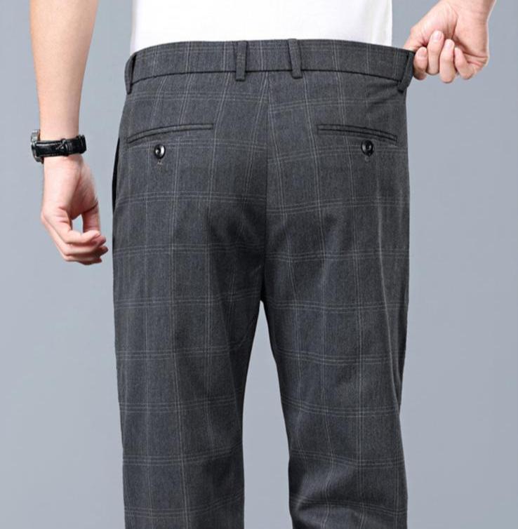 Back view of men's comfortable slim fit plaid pants, highlighting tailored fit for modern style.
