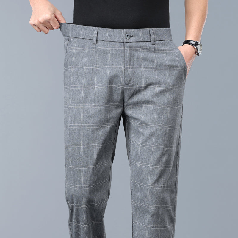 Comfortable slim fit plaid dress pants for men, perfect for formal and modern fashion.