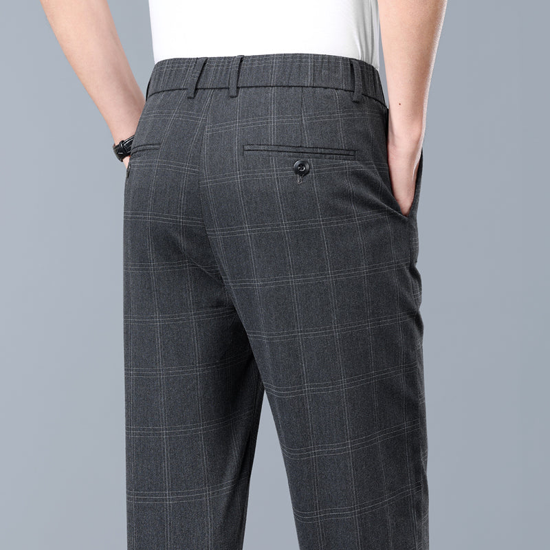 Fashionable men's slim fit plaid dress pants, designed for tailored comfort and modern appeal.