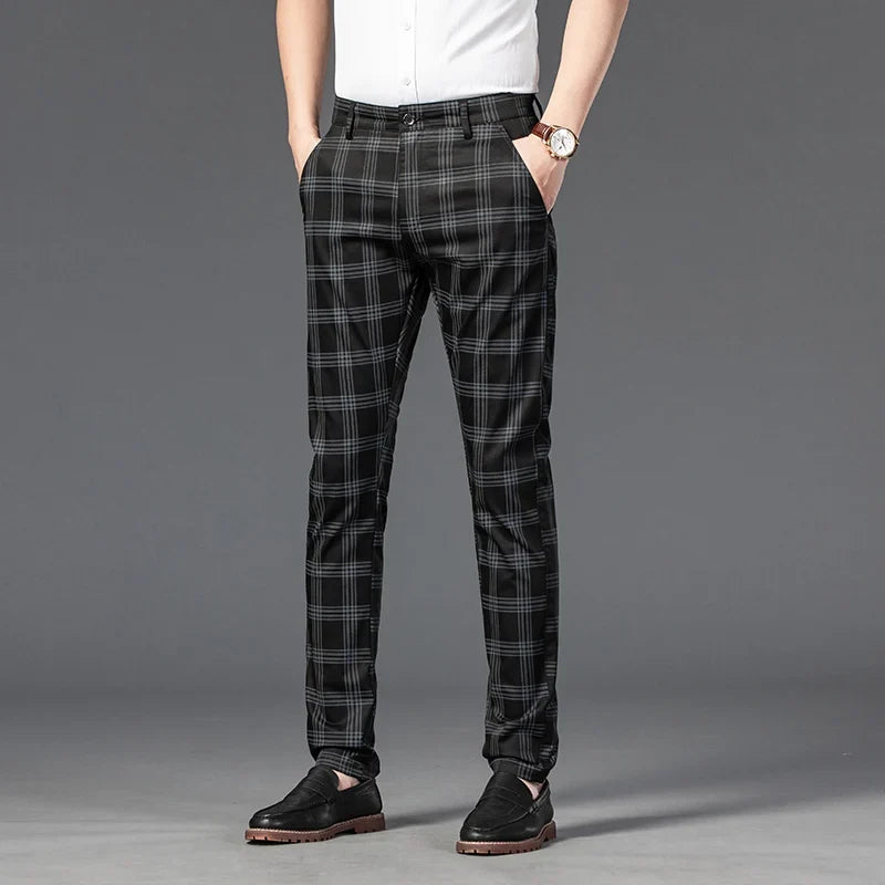 Men's slim fit plaid trousers, perfect for smart casual fashion and a confident look.