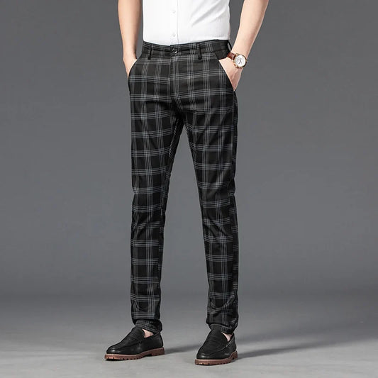 Men's slim fit plaid trousers, perfect for smart casual fashion and a confident look.