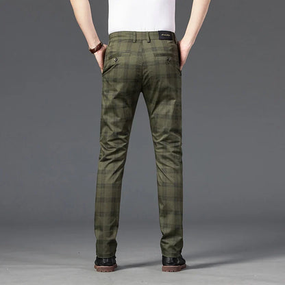 Comfortable men's slim fit stretch plaid pants, ideal for everyday style & all-day comfort.