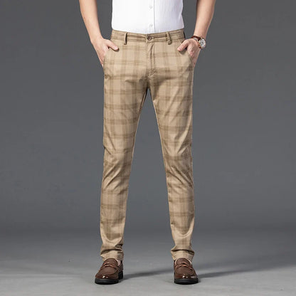 Stylish men's slim fit plaid trousers, offering a modern and confident fashion statement.