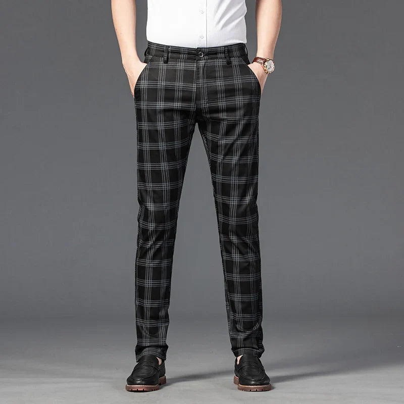 Classic plaid pattern men's slim fit stretch trousers, blending fashion with ultimate comfort.