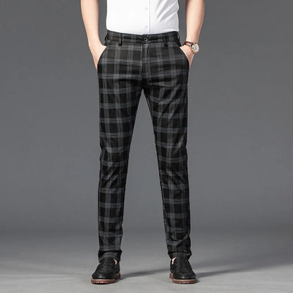 Classic plaid pattern men's slim fit stretch trousers, blending fashion with ultimate comfort.